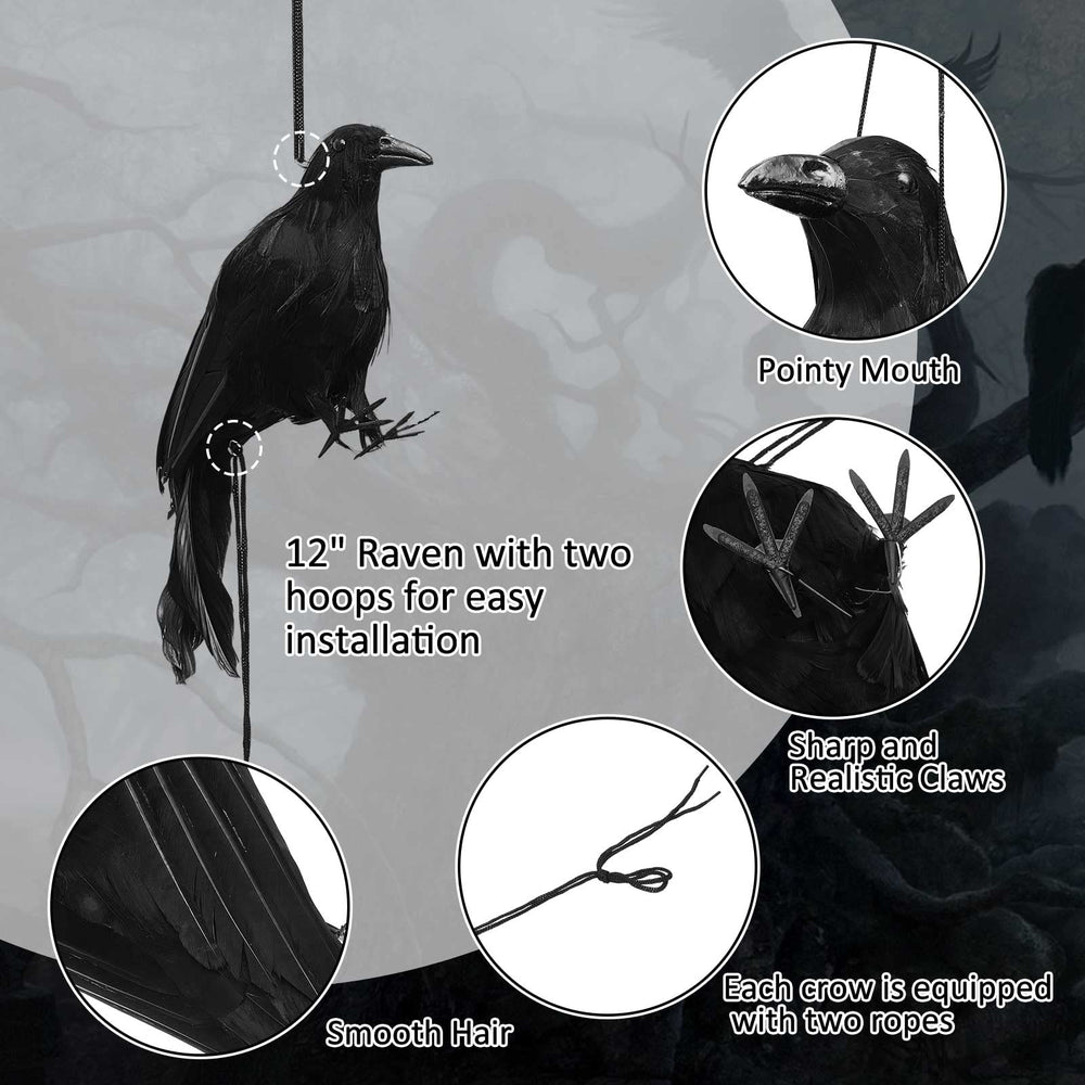 Lewtemi crow hung from tree branch demonstrating outdoor placement and dramatic shadowing