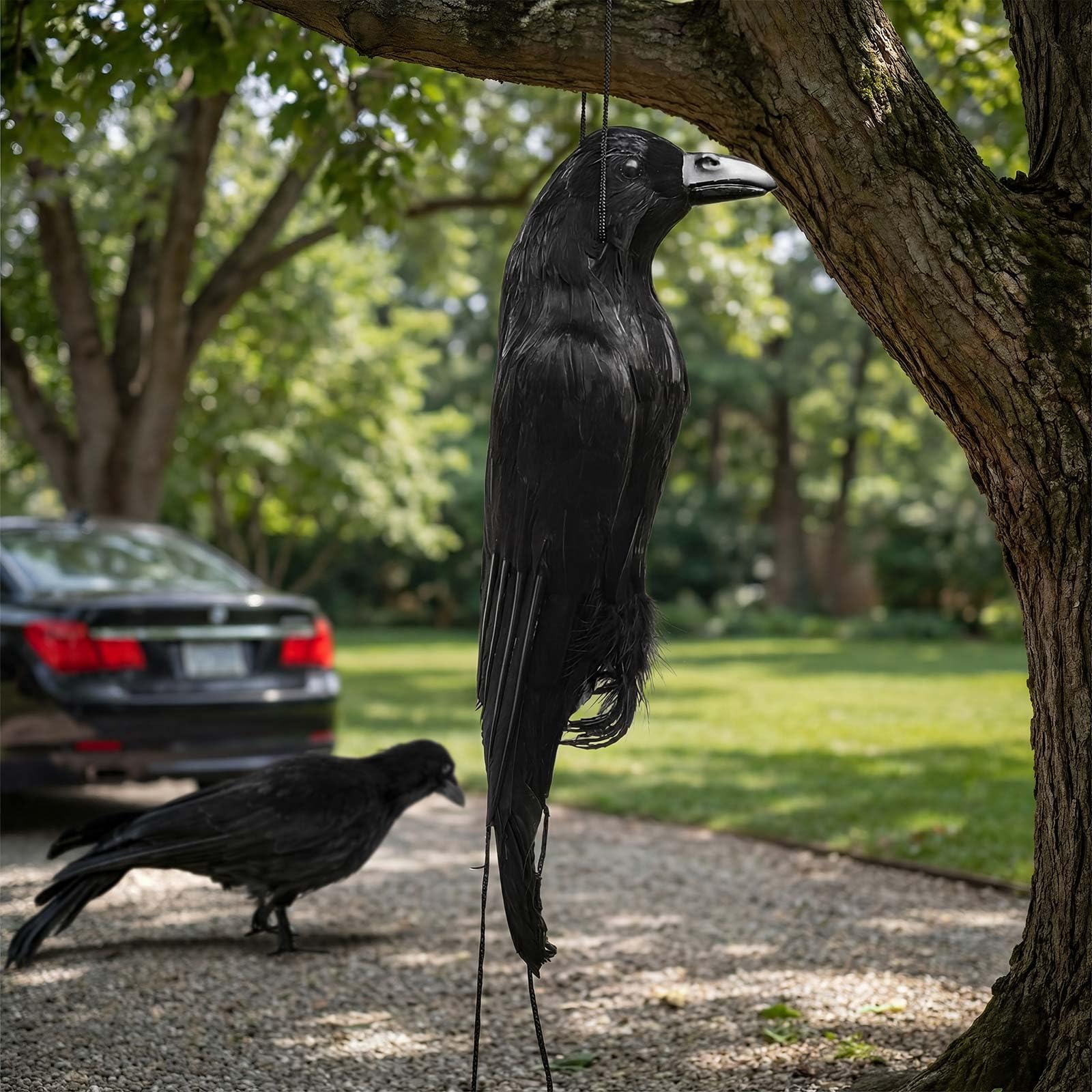 Lewtemi porch scene at night with hanging crows creating atmospheric Halloween curb appeal
