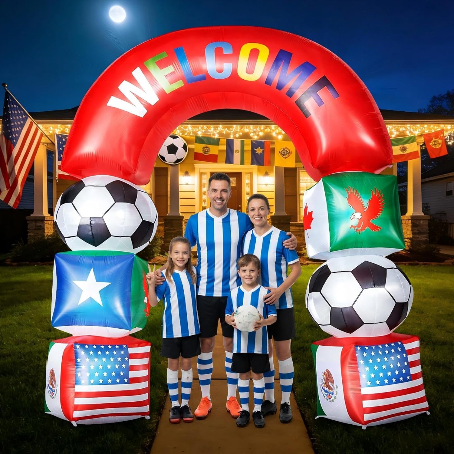 Leyndo arch in backyard party setting creating a festive soccer-themed entrance