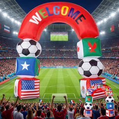 Leyndo front view of 10ft flag arch showing bold colors and entrance impact