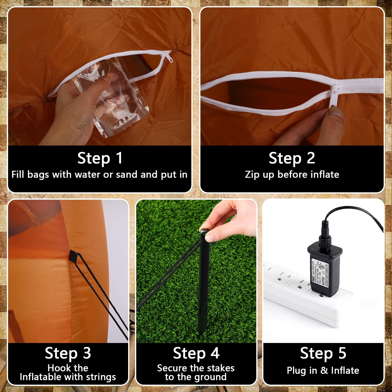 Leyndo included blower, stakes, ropes and bags showing quick setup convenience