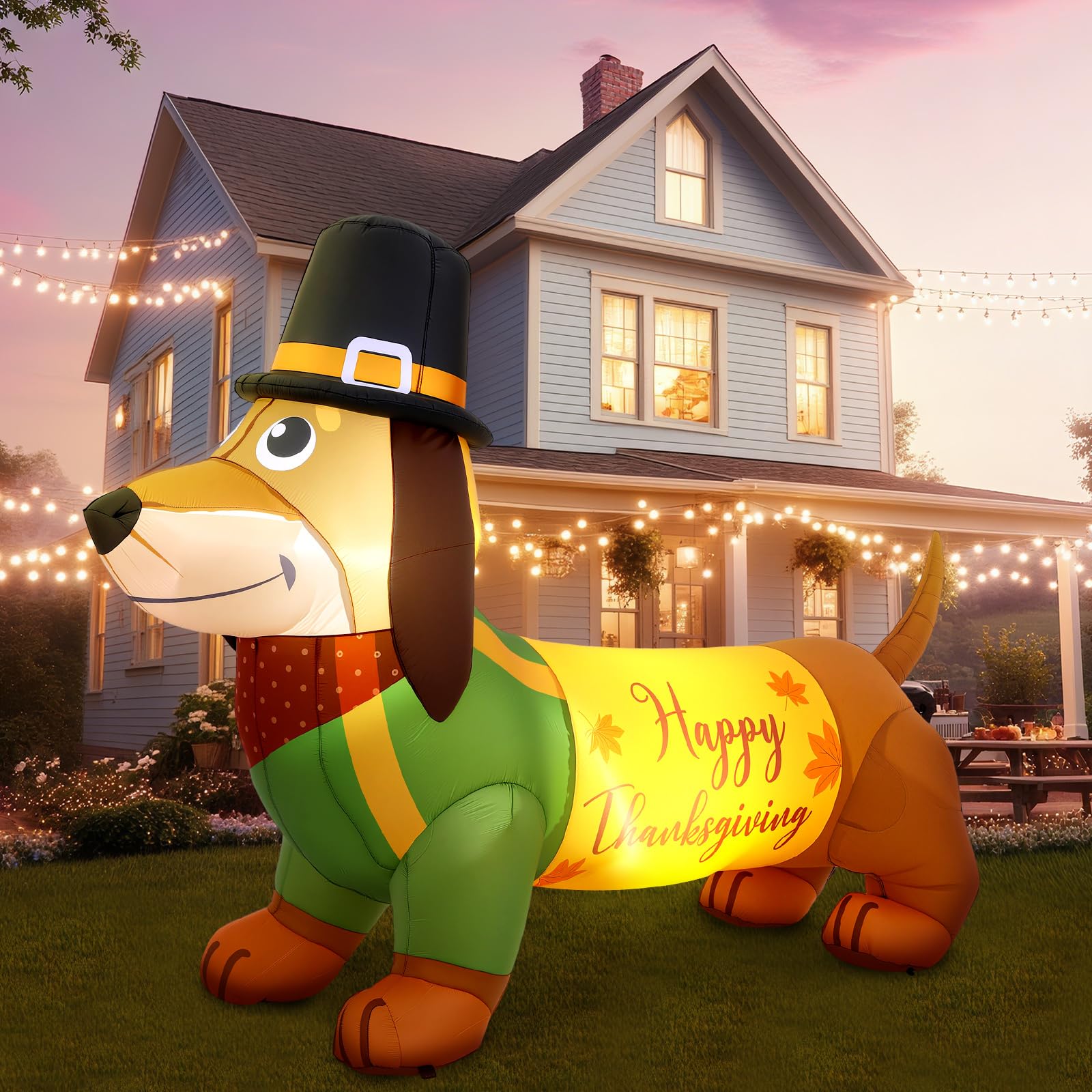 Leyndo dachshund front view showing full festive outfit and welcoming curb appeal