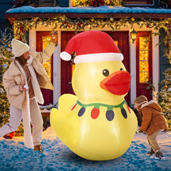 Leyndo duck close-up of Santa hat and bulb necklace highlighting detail