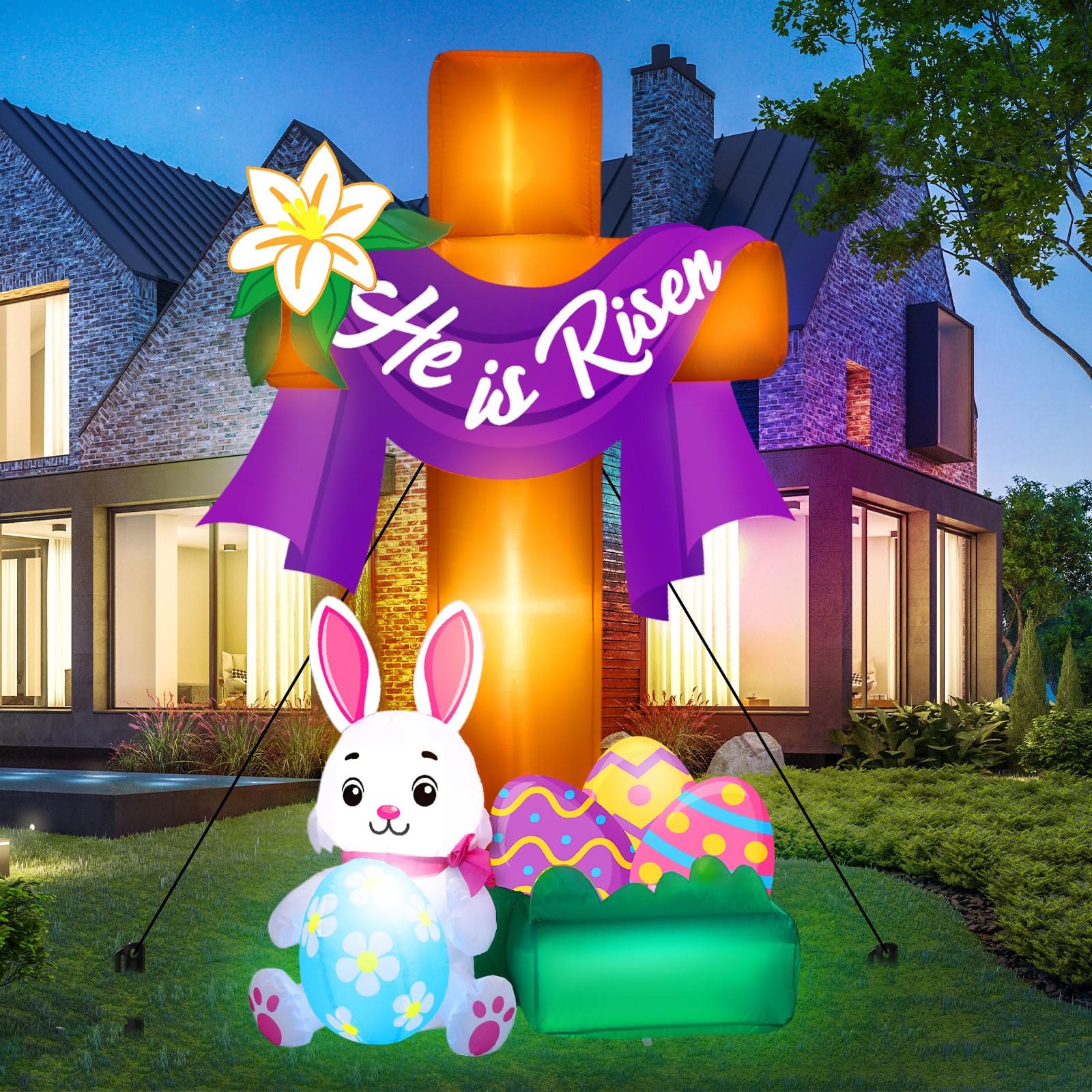 Leyndo inflatable cross front view showing colorful Easter graphics and clear shape for curb appeal