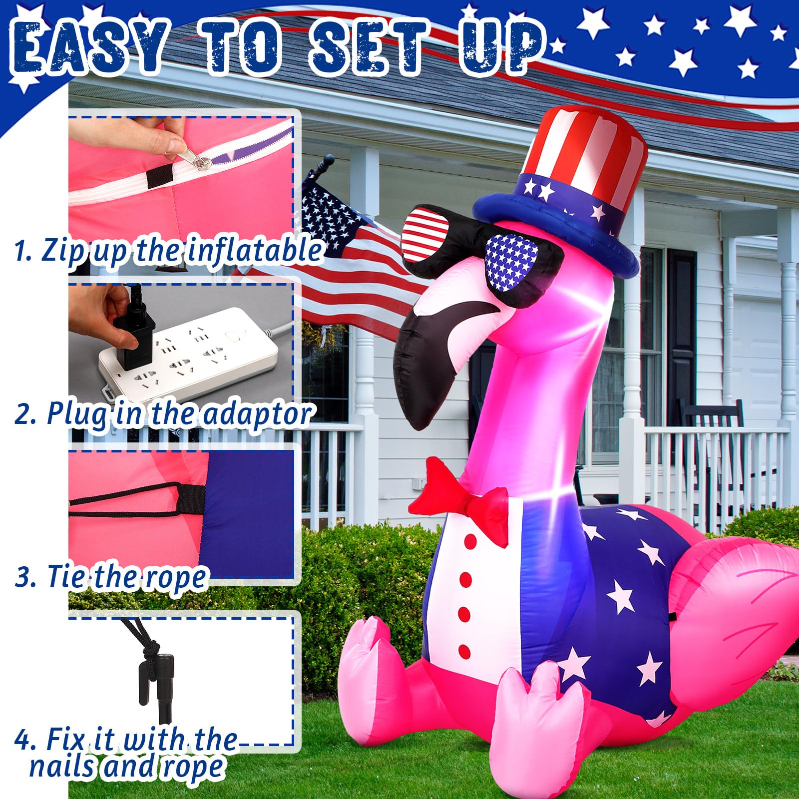 Leyndo flamingo secured with stakes and ropes for stable outdoor display