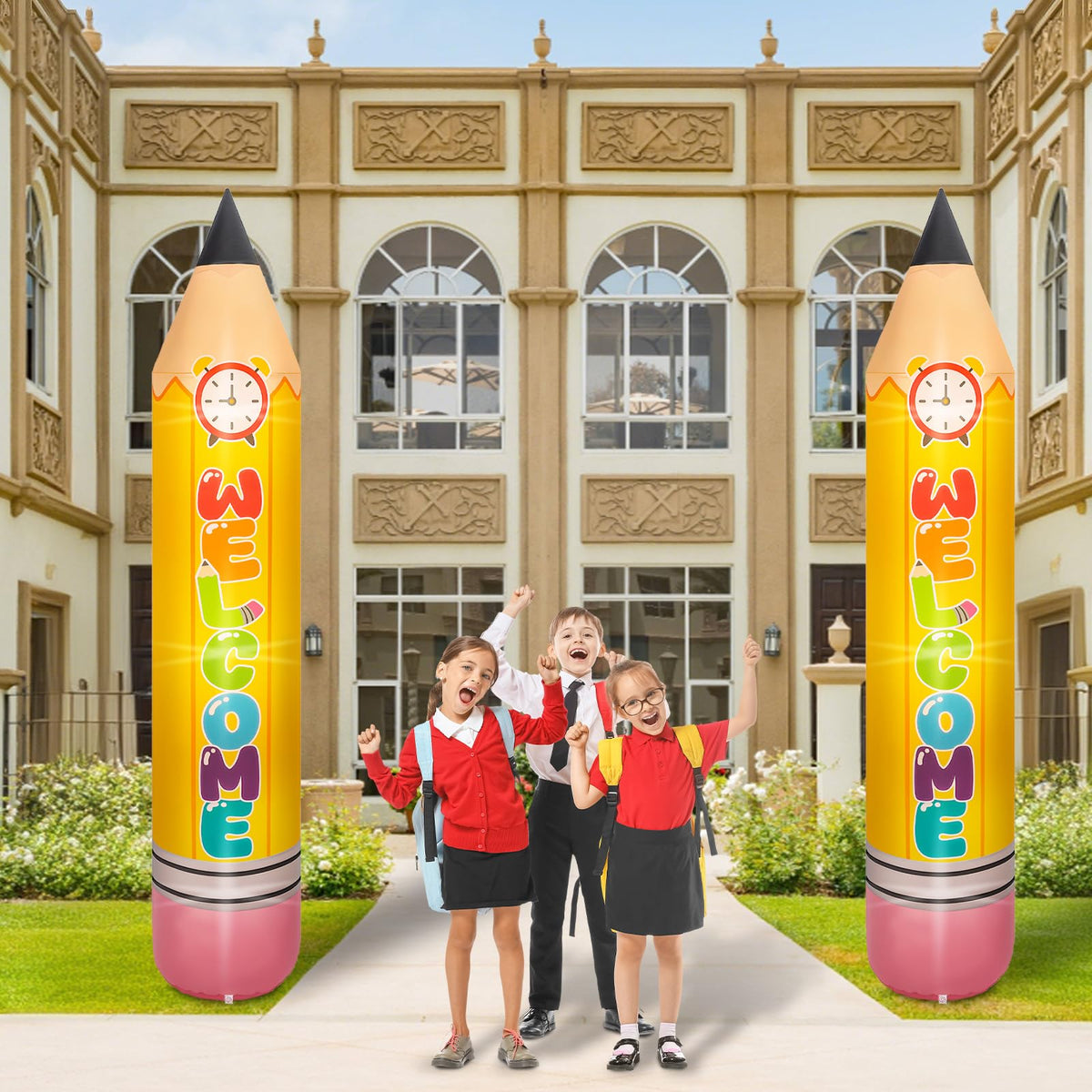 Leyndo front view of two 7ft inflatable pencils creating a welcoming school entrance