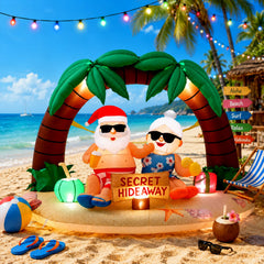 Leyndo front view of Santa and Mrs. Claus inflatable showing festive beach design and curb appeal