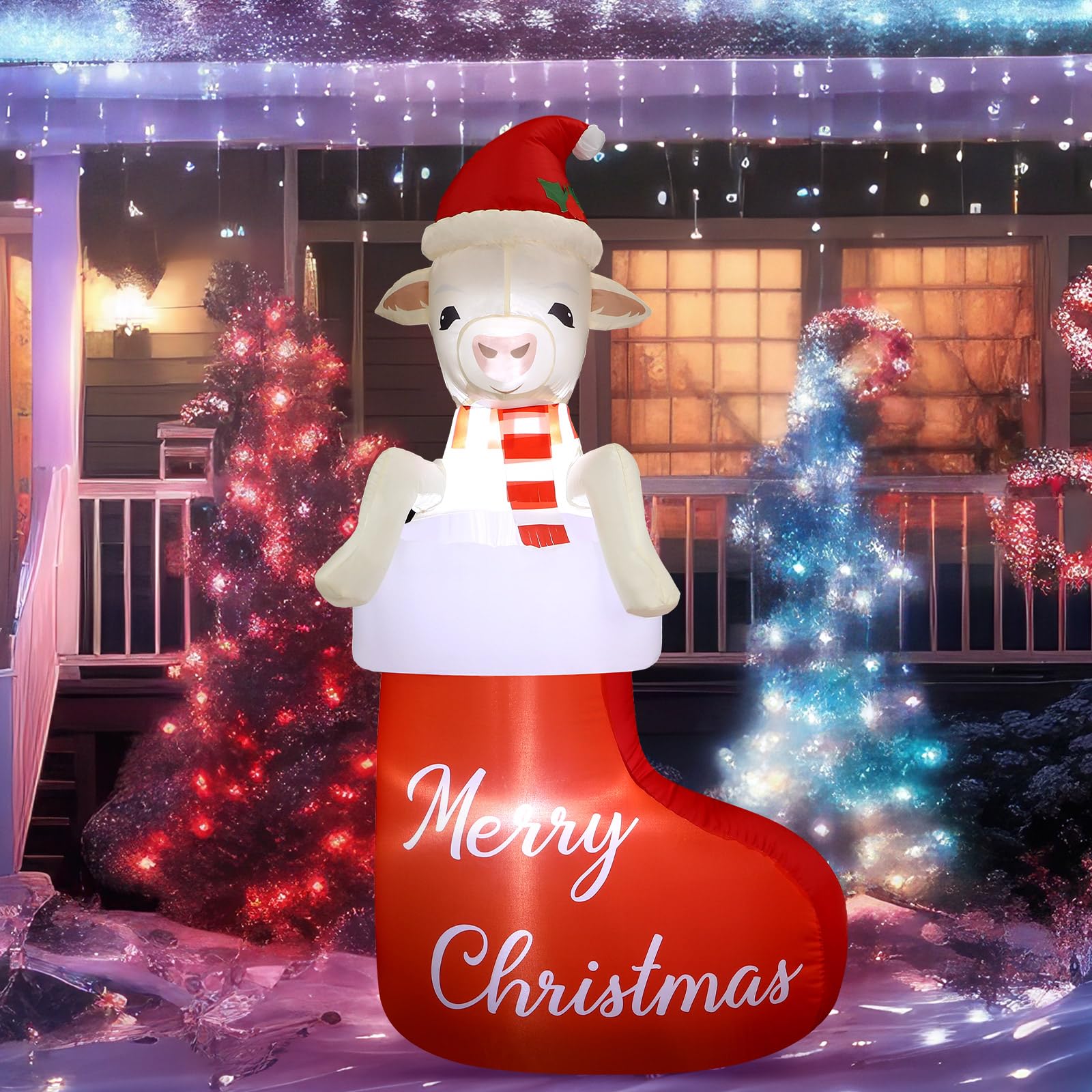 Leyndo goat inflatable front view showing festive LED glow and curb appeal