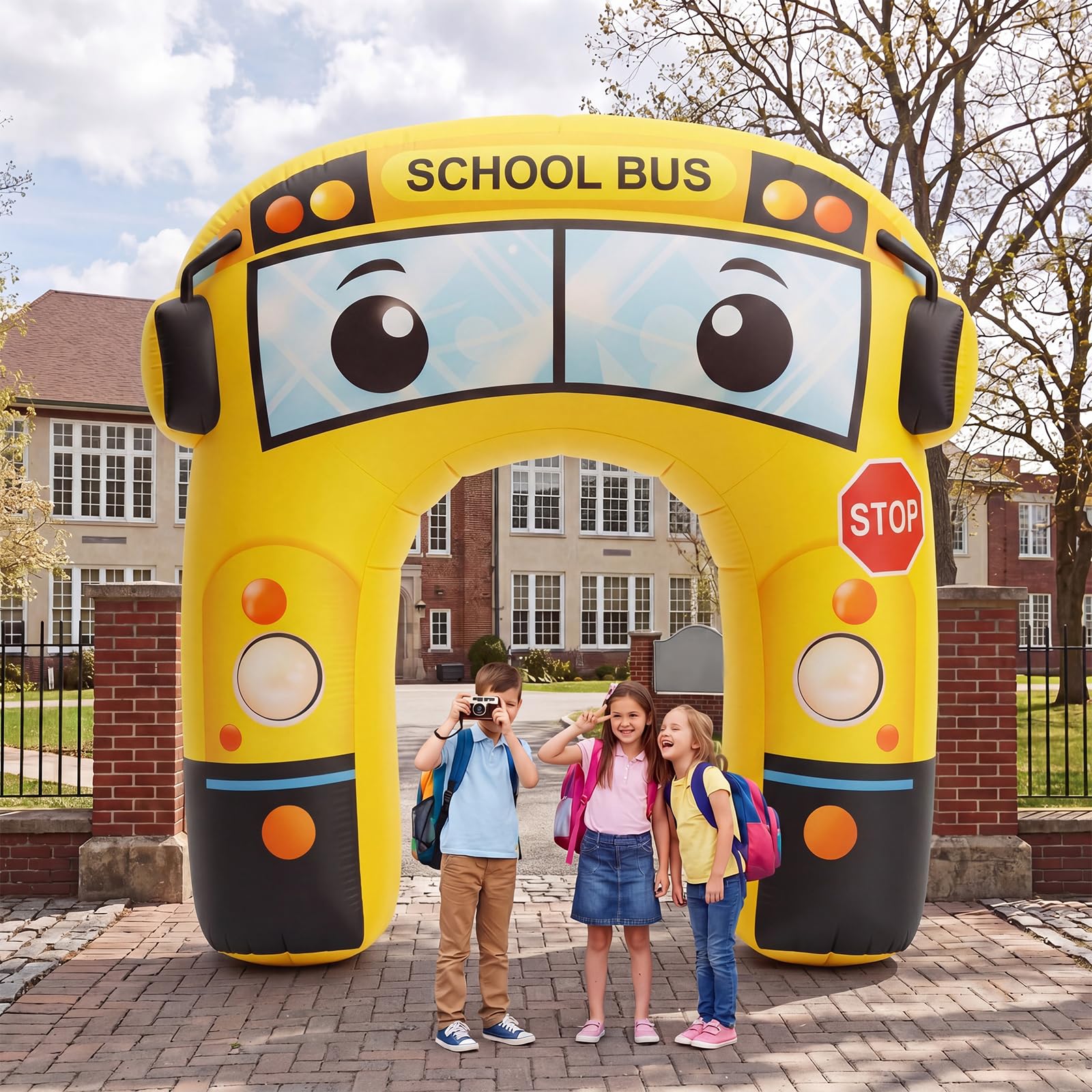 Leyndo arch at a school entrance creating festive arrival atmosphere