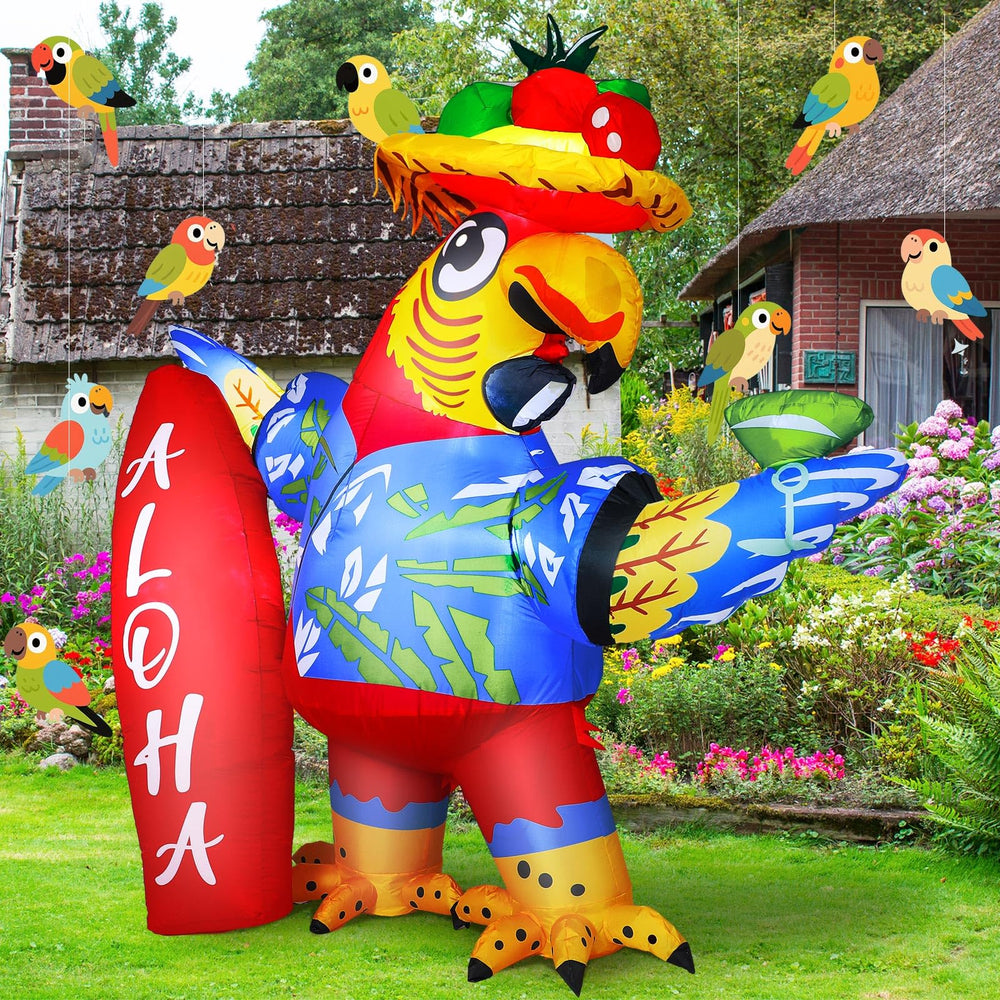 Leyndo parrot at beach luau showing Leyndo party styling impact