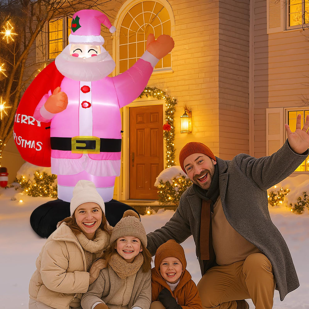 Leyndo pink Santa anchored with stakes and ropes for secure setup