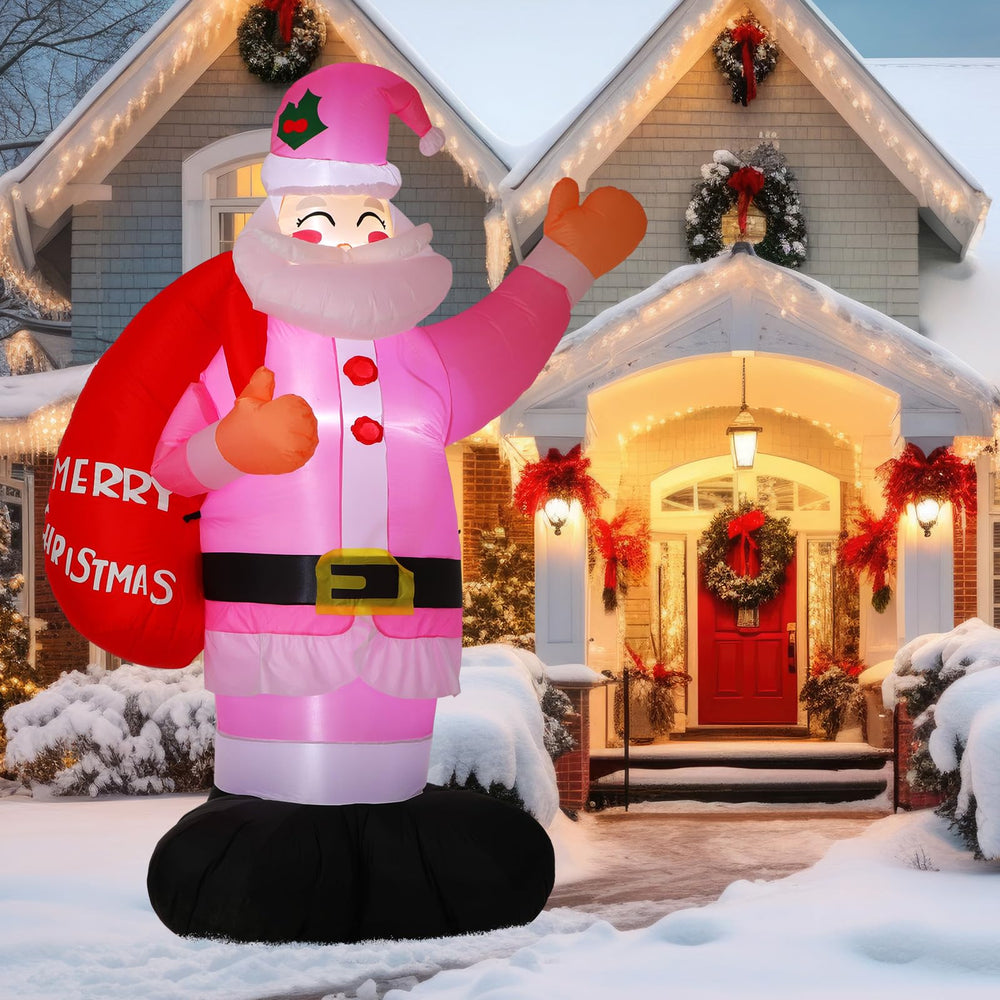 Leyndo pink Santa in yard display creating playful holiday atmosphere