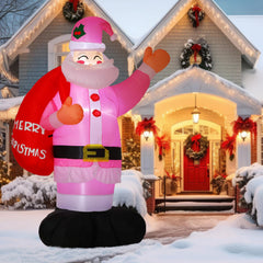 Leyndo pink Santa in yard display creating playful holiday atmosphere