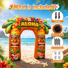 Leyndo tiki arch blower and kit displayed for quick, tool-free inflation