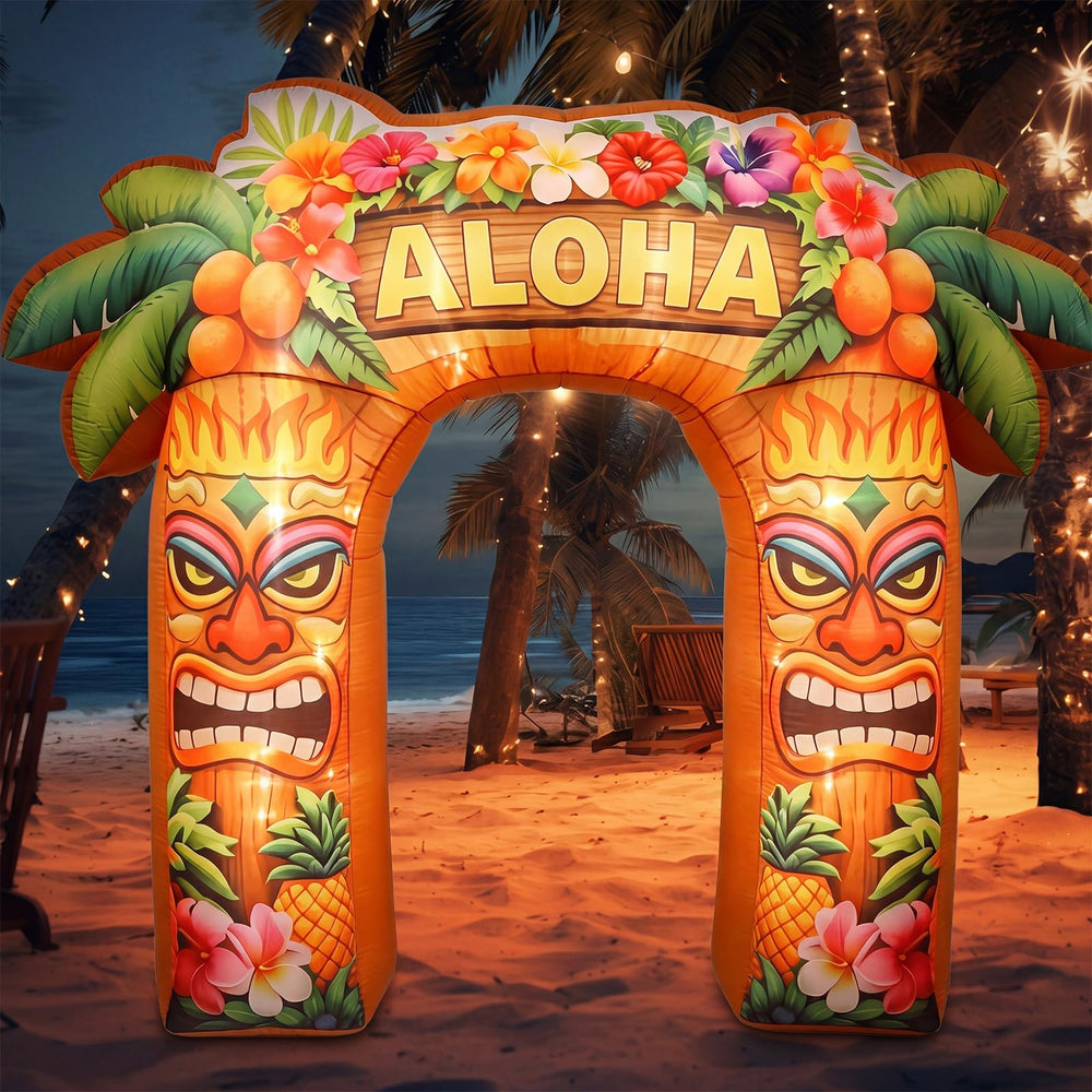 Leyndo tiki arch in poolside setting creating a tropical photo backdrop