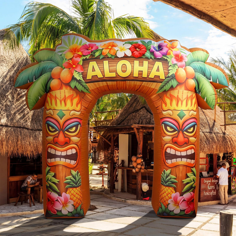 Leyndo tiki arch size comparison next to people to show 8ft scale