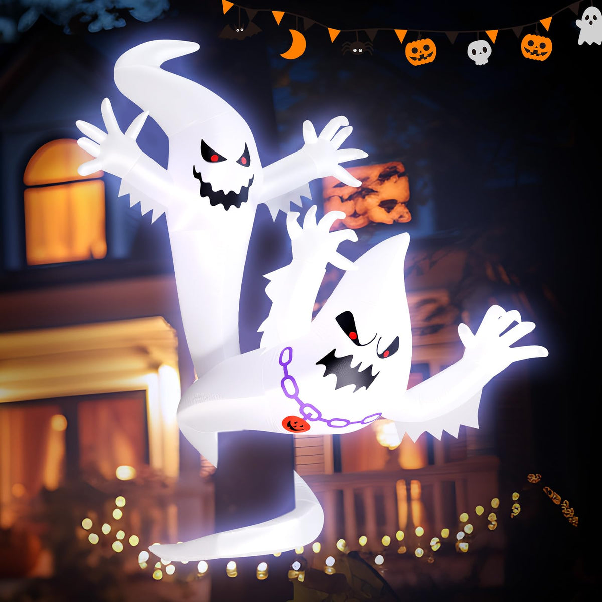 Leyndo front view of 5ft tree ghost inflatable showing festive decoration and instant curb appeal
