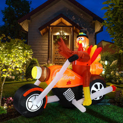 Leyndo front view of 7ft turkey on motorcycle showing bright colorful design and instant festive impact