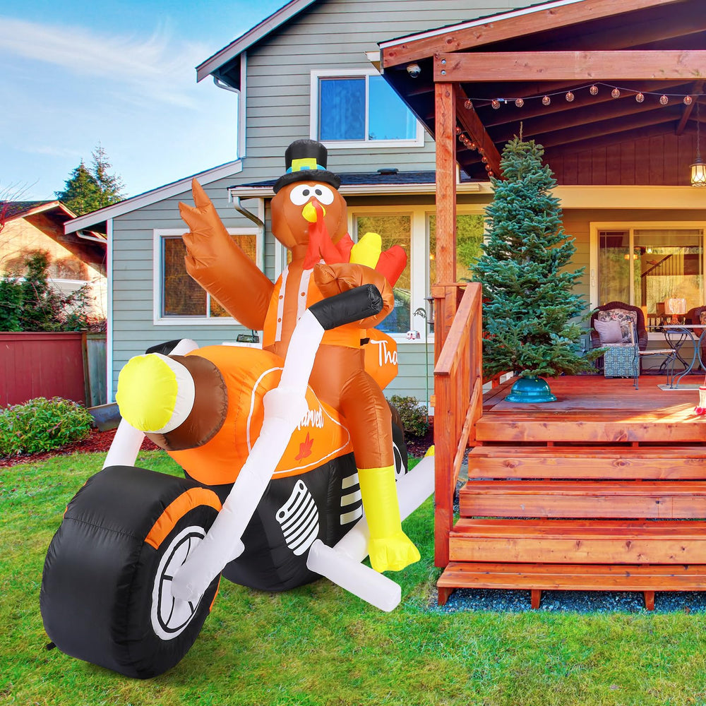 Leyndo turkey on motorcycle staged in front yard to attract attention and delight visitors