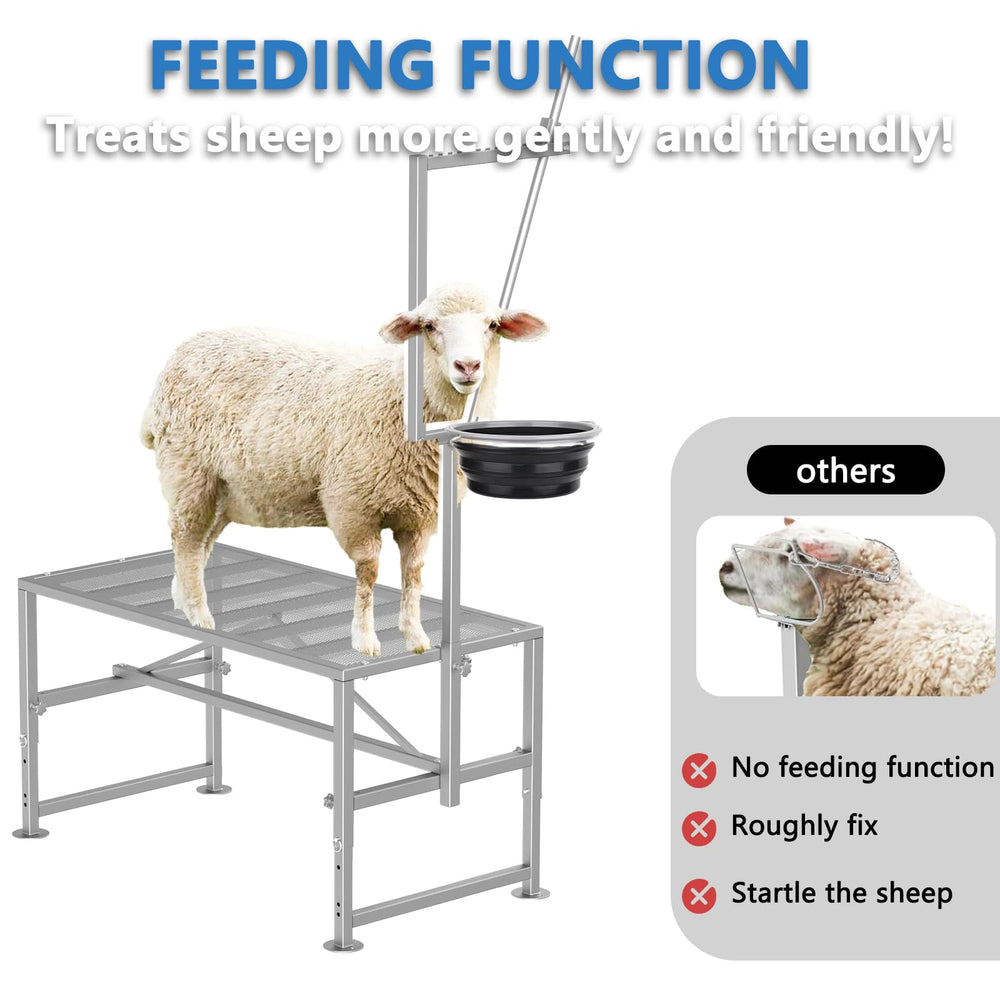 Lezbanz in-use with goat on stand demonstrating easier milking and trimming