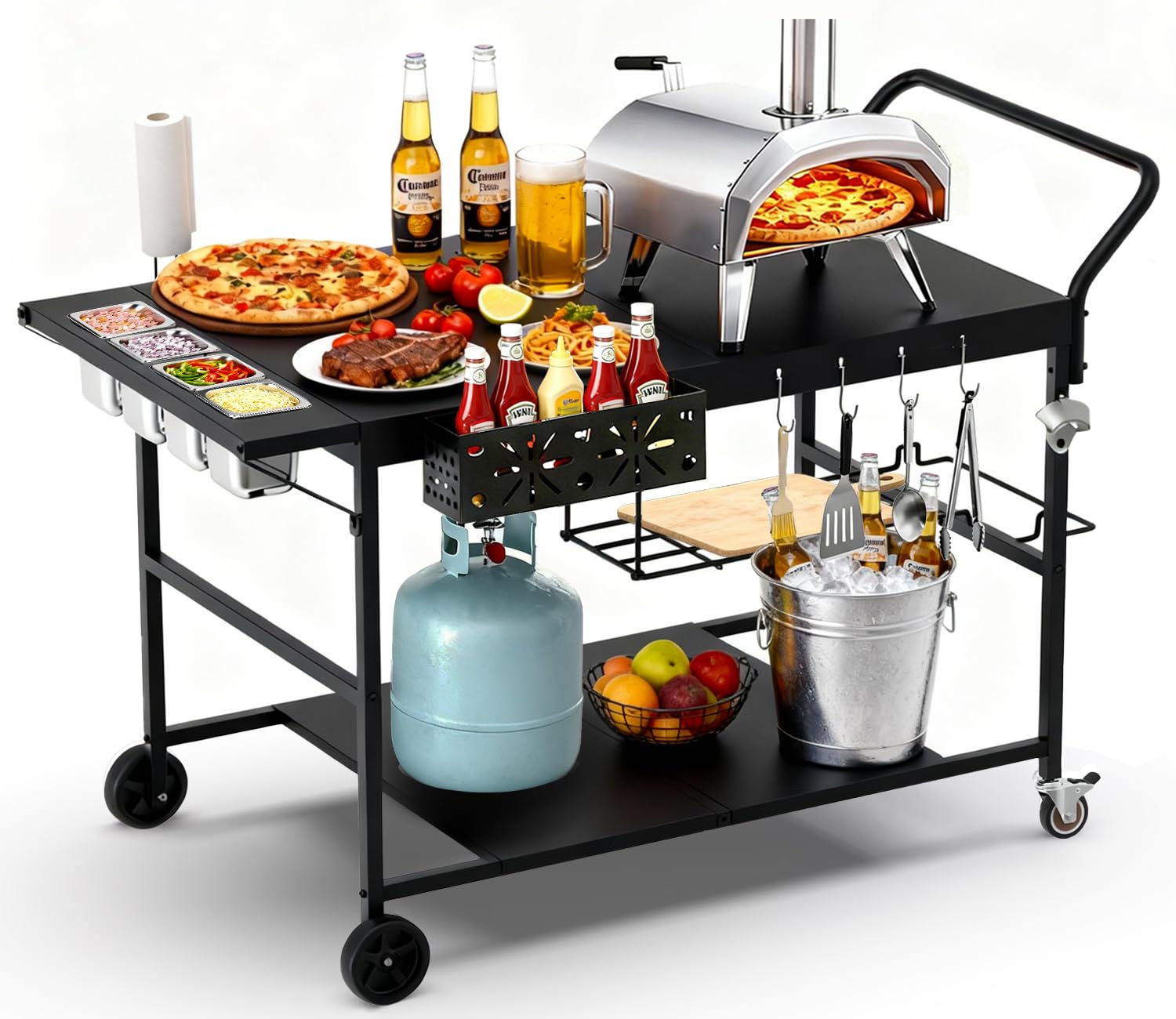 Lezbanz front view of pizza oven table showing sturdy workspace and oven compatibility