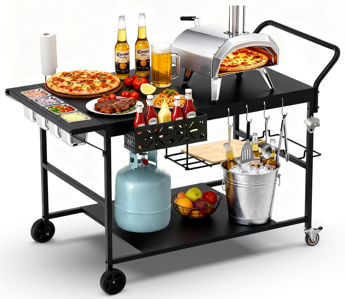 Lezbanz front view of pizza oven table showing sturdy workspace and oven compatibility