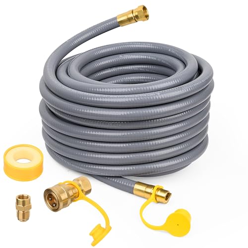 Lezbanz front view of full 48ft natural gas hose showing fittings and length benefit