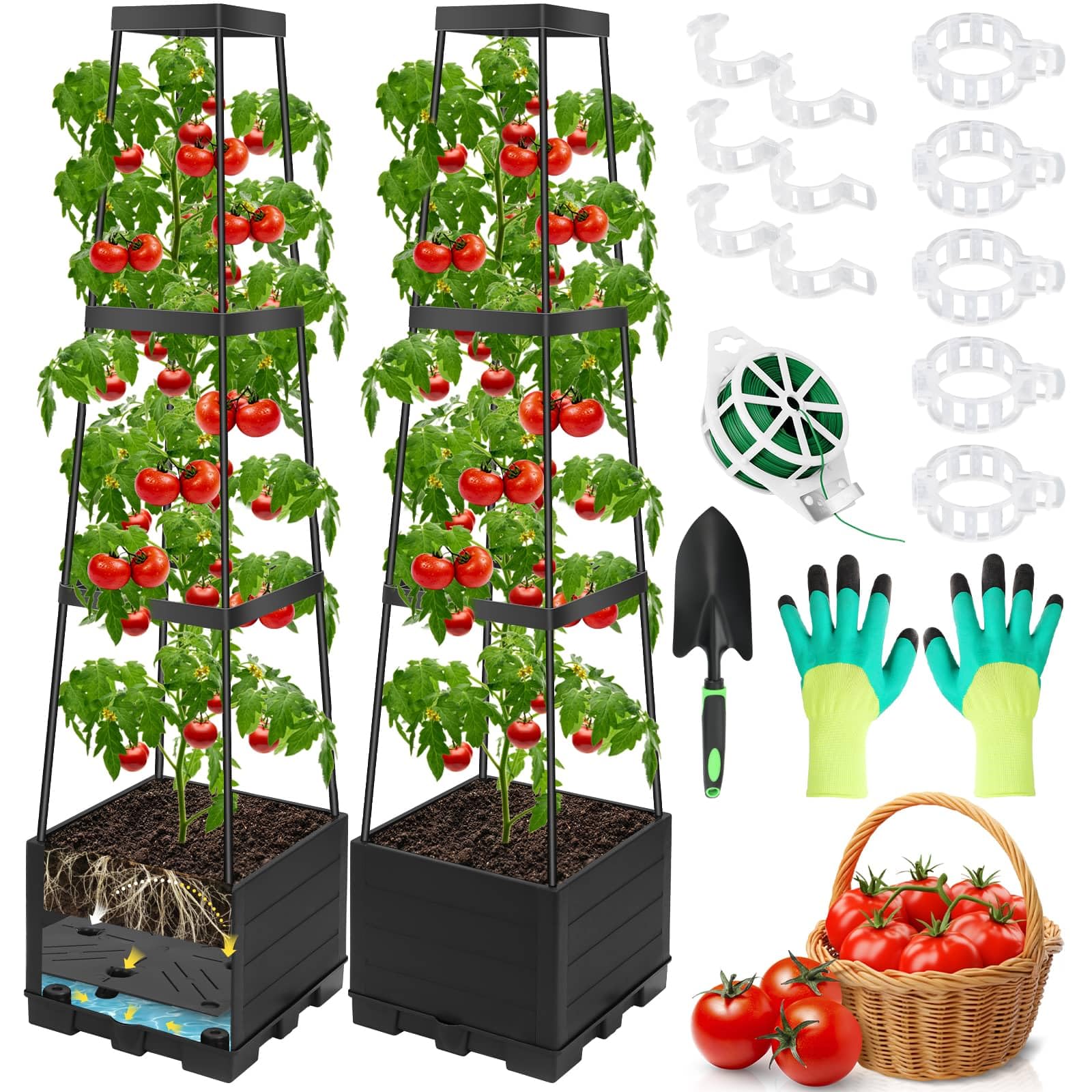 Lezmarket front view of two planters showing cages and healthy vines benefit tidy vertical growth
