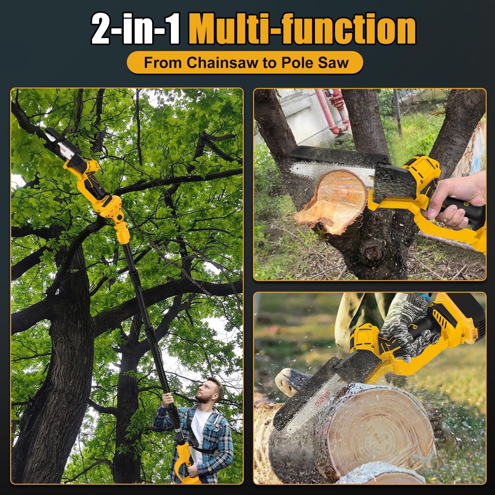 LEZZYRUCK pole saw demonstrating DeWalt 20V MAX battery compatibility for power flexibility