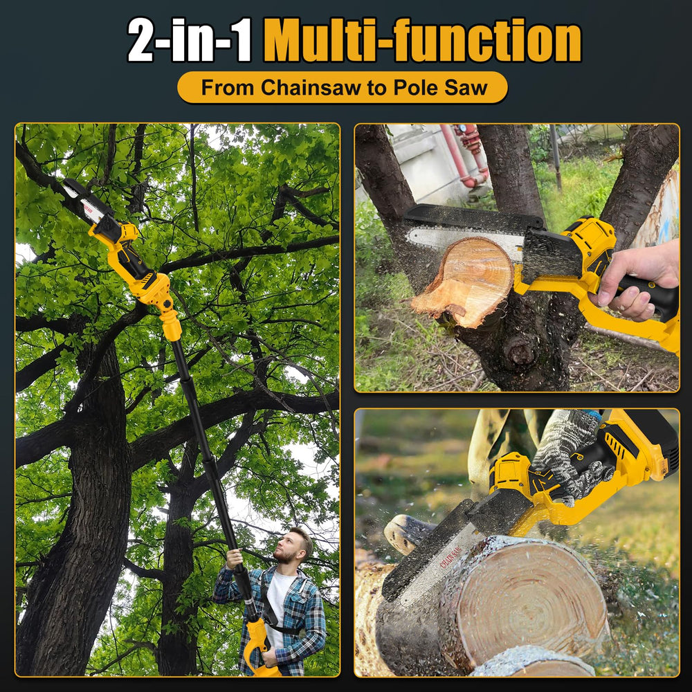 LEZZYRUCK pole saw demonstrating DeWalt 20V MAX battery compatibility for power flexibility