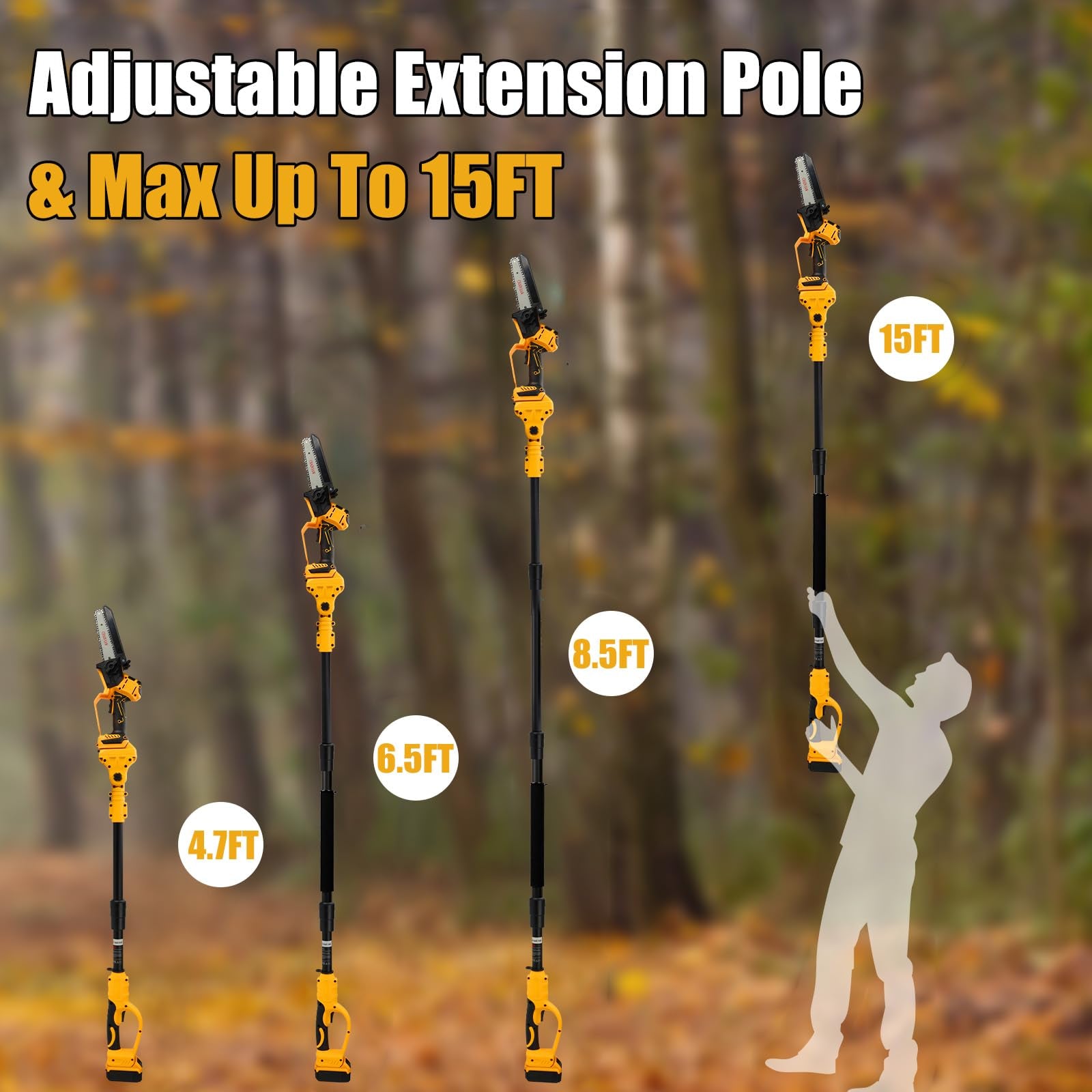 LEZZYRUCK pole saw fully extended to show reach up to 15 feet for safer trimming
