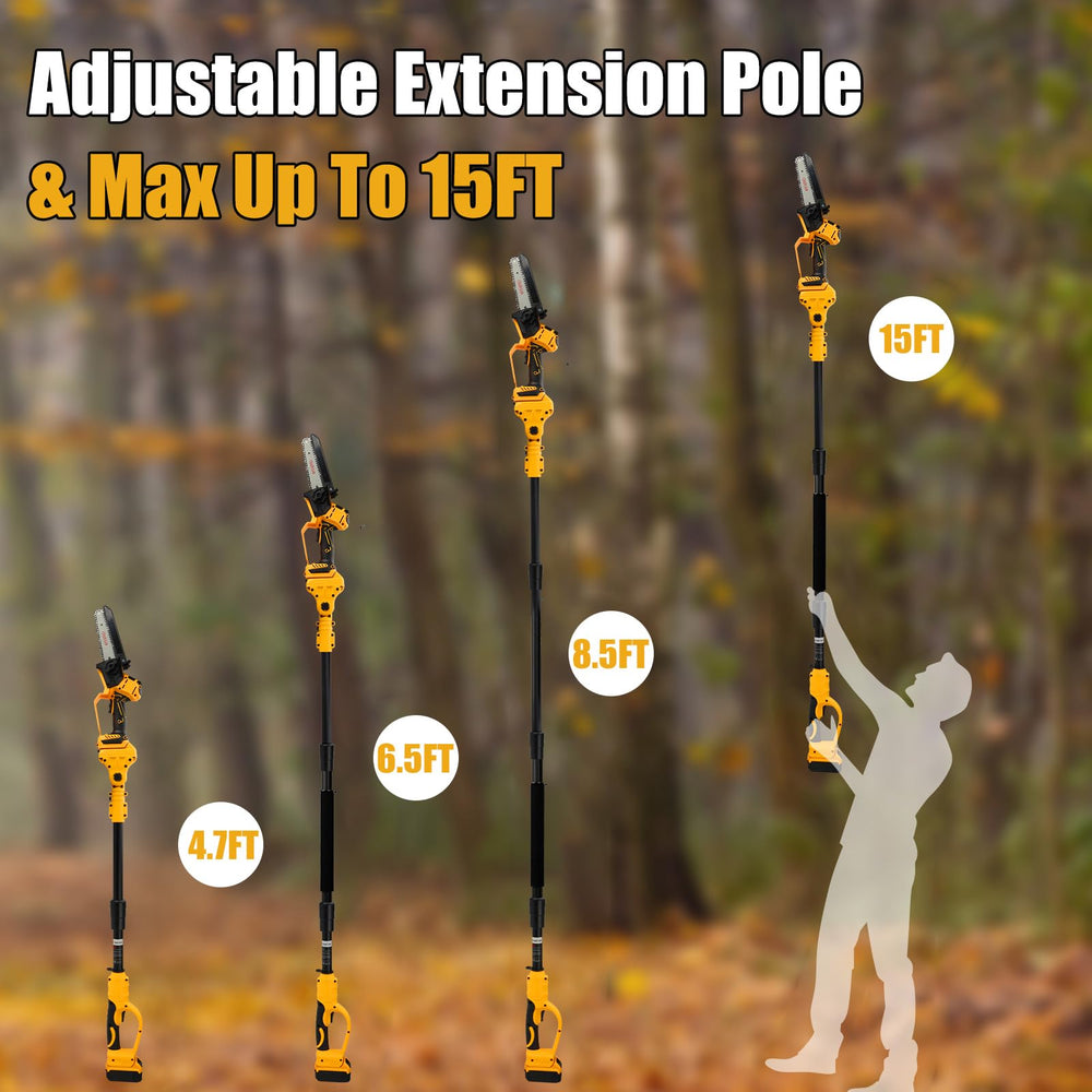 LEZZYRUCK pole saw fully extended to show reach up to 15 feet for safer trimming