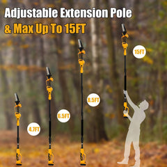 LEZZYRUCK pole saw fully extended to show reach up to 15 feet for safer trimming