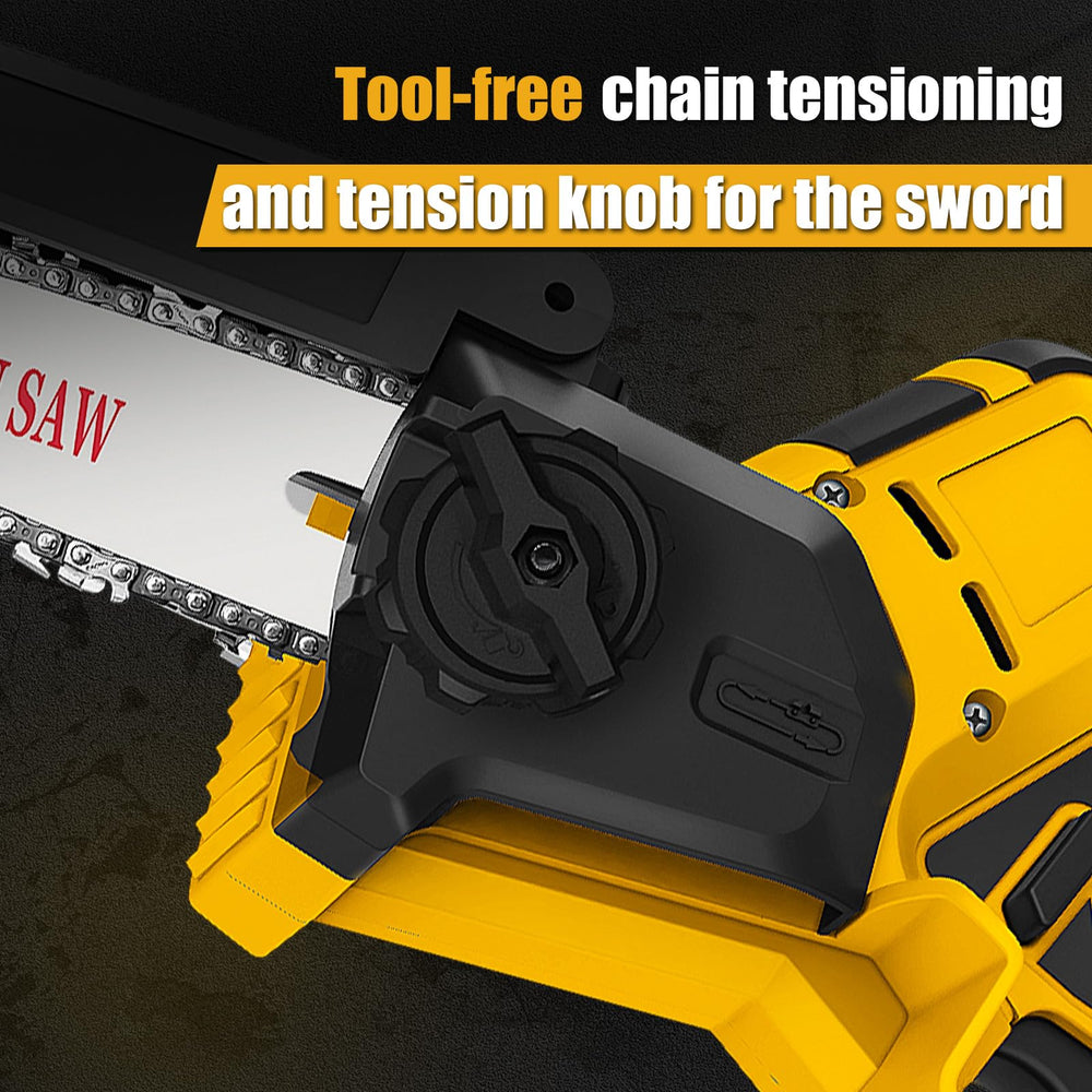 LEZZYRUCK pole saw cutting a high branch to show ladder-free pruning convenience