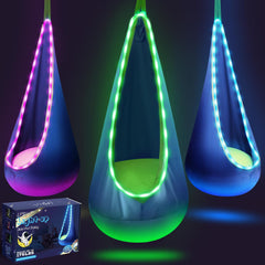 LFSMVT pod swing front view showing cozy seat and LED benefit