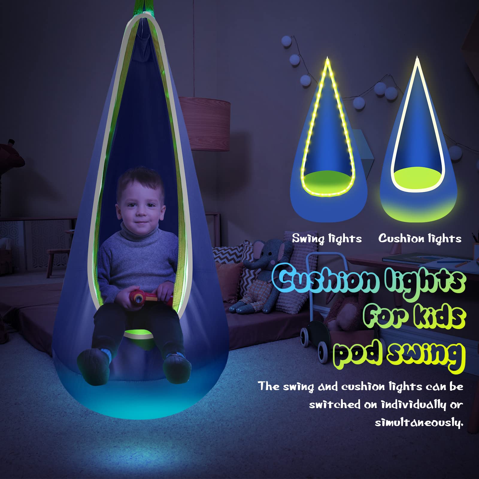 LFSMVT pod swing LED lights at night creating calming glow