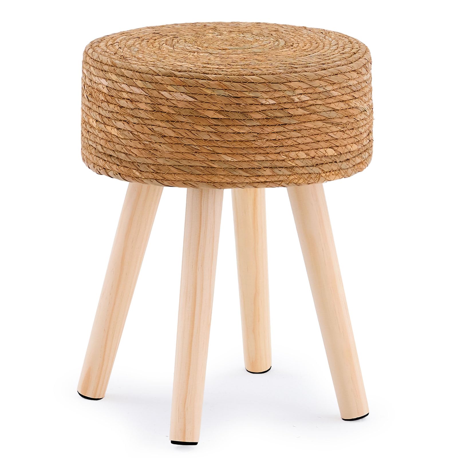 LGENHOOM front view of handwoven pouf showing natural finish and compact profile