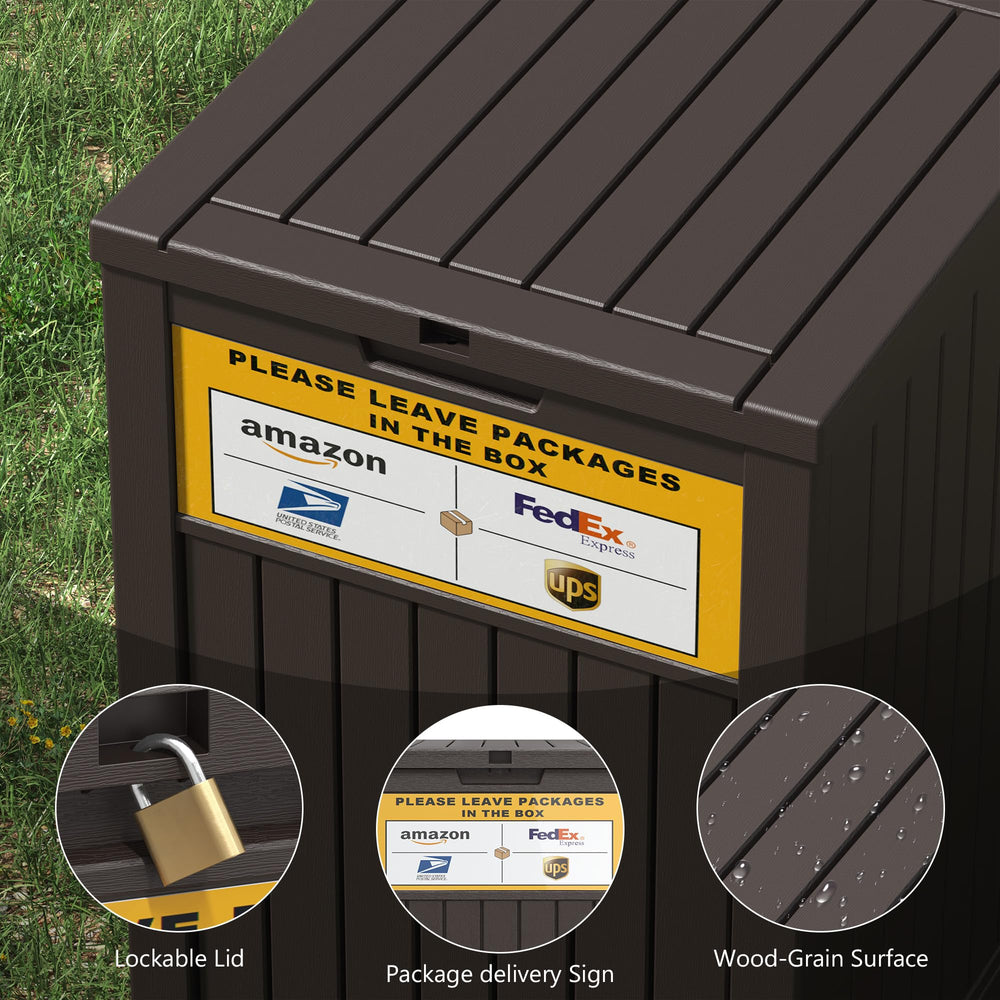 LHBGO delivery box on a porch with packages placed inside demonstrating use