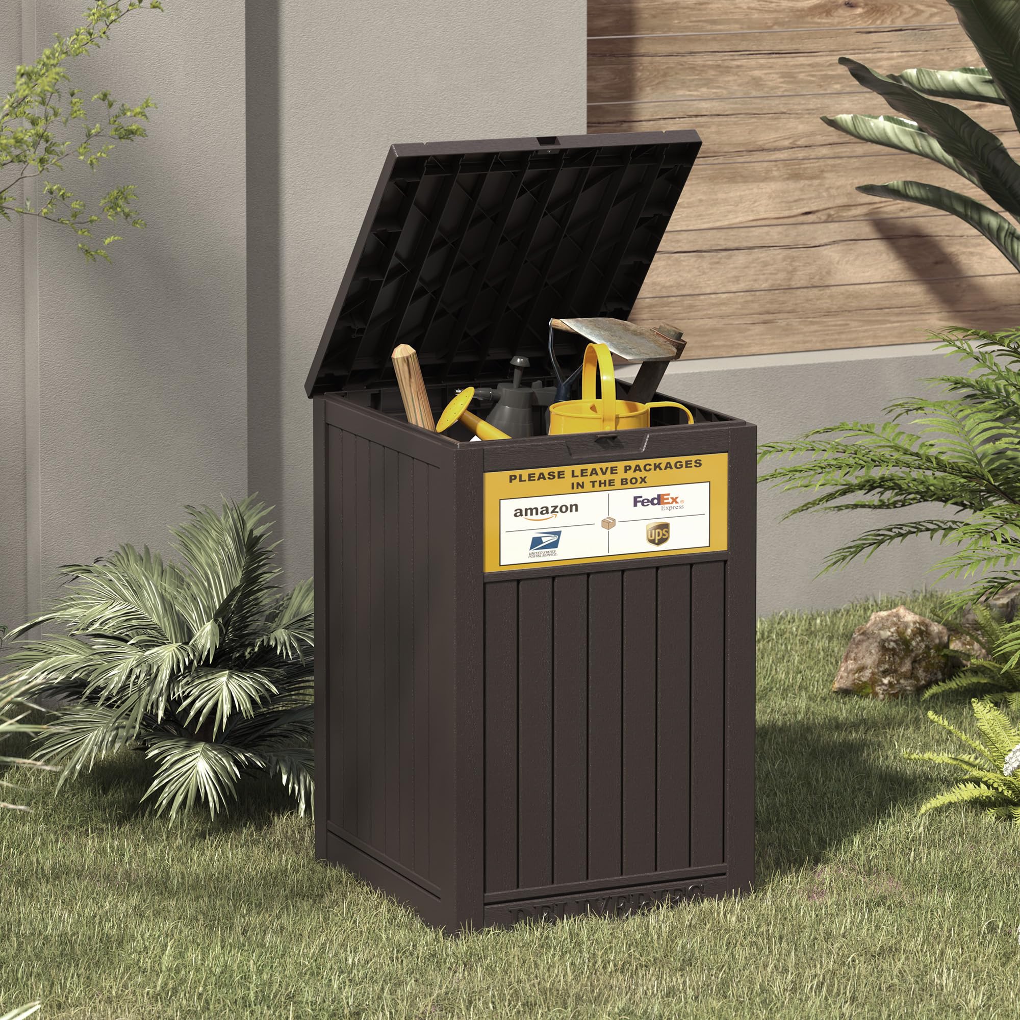 LHBGO delivery box storing garden tools and supplies to show versatile storage