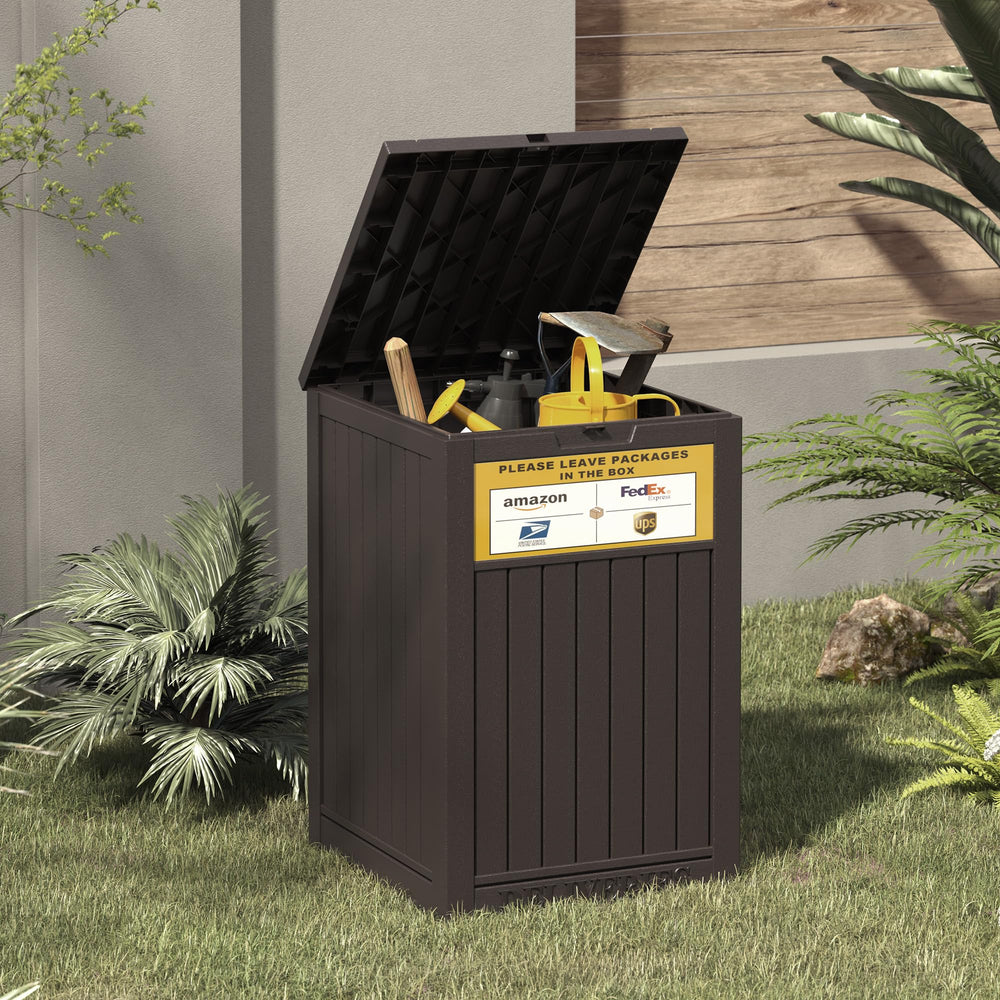 LHBGO delivery box storing garden tools and supplies to show versatile storage