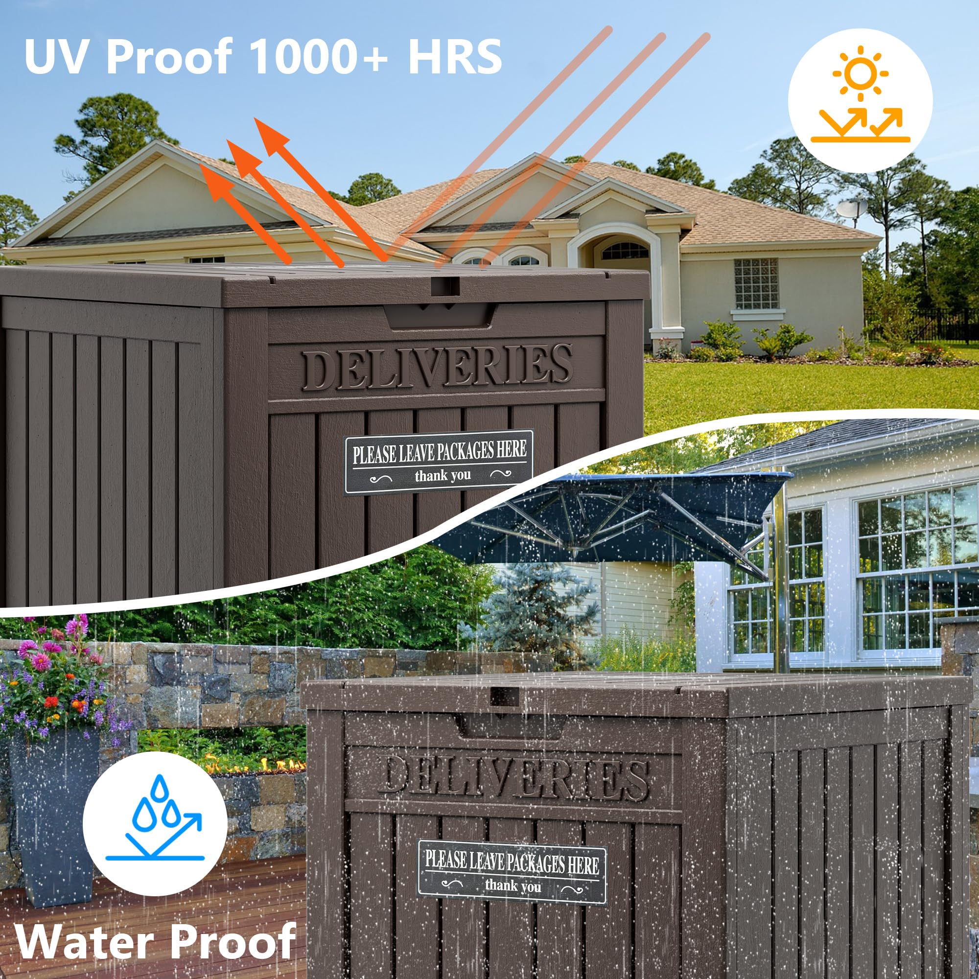 LHBGO lid shedding rainwater to keep contents dry and protected