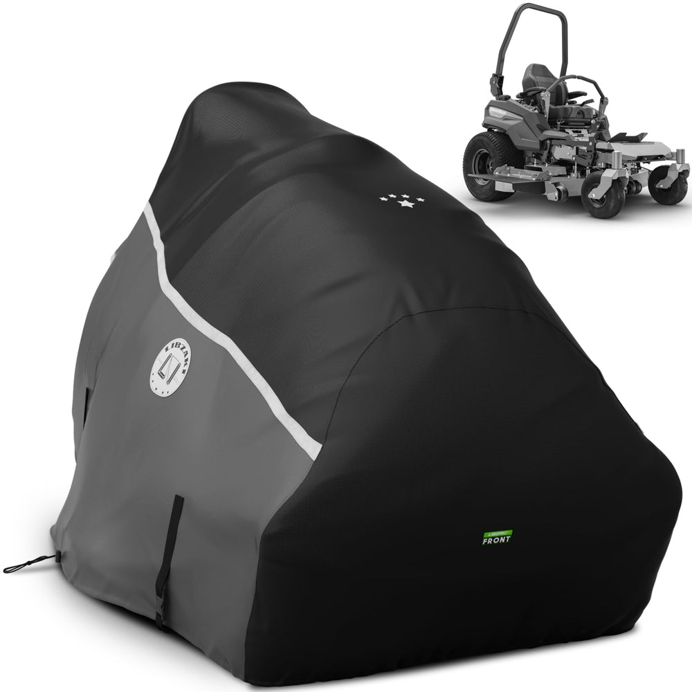 LI LIBZAKI front view cover protecting mower, shows full coverage and weather protection