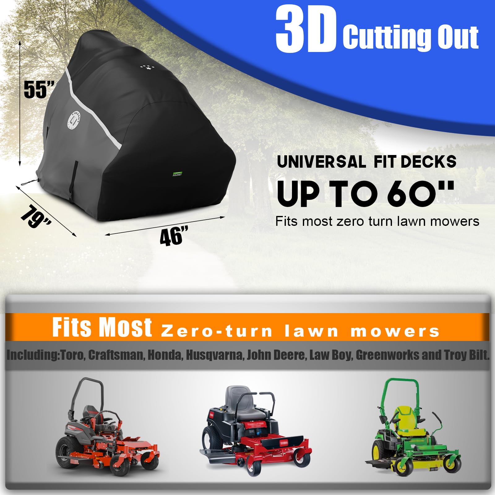 LI LIBZAKI cover in use on John Deere zero-turn mower demonstrating universal fit