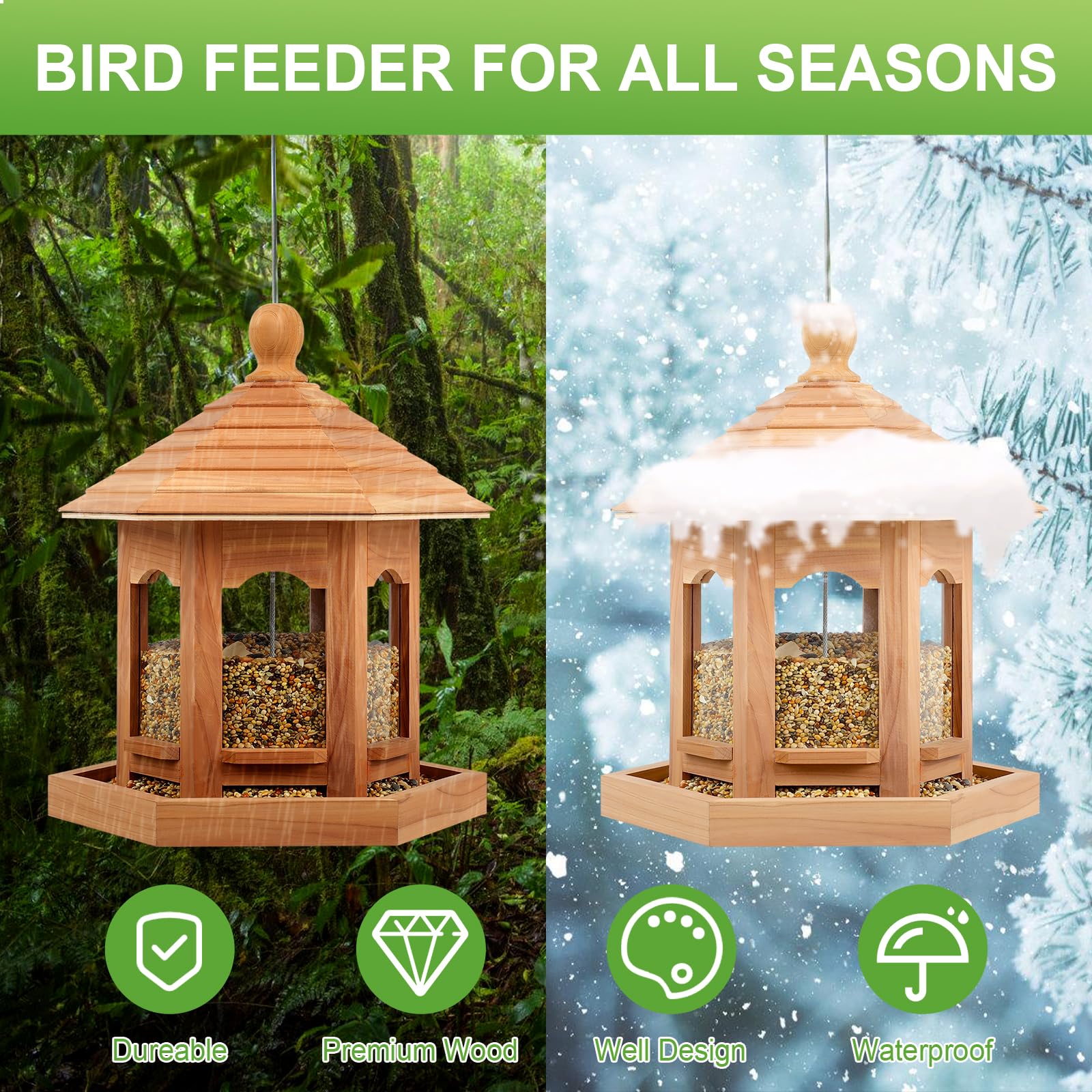 Liawm feeder hanging in garden setting attracting birds and decorating yard