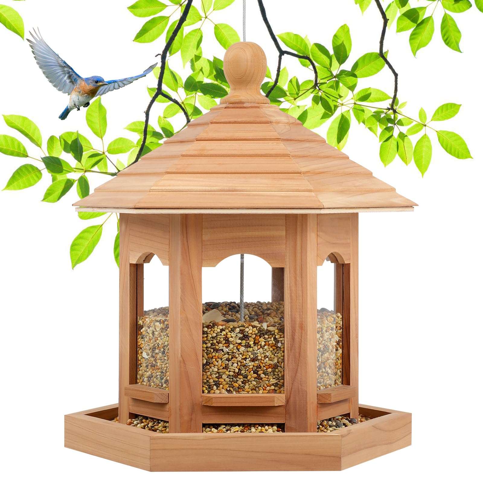 Liawm front view hanging cedar bird feeder showing durable weatherproof design