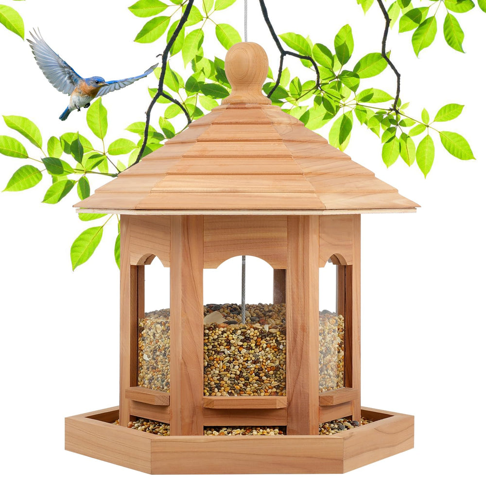 Liawm front view hanging cedar bird feeder showing durable weatherproof design