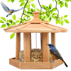 Liawm red cedar hexagon feeder front view showing weatherproof design and curb appeal