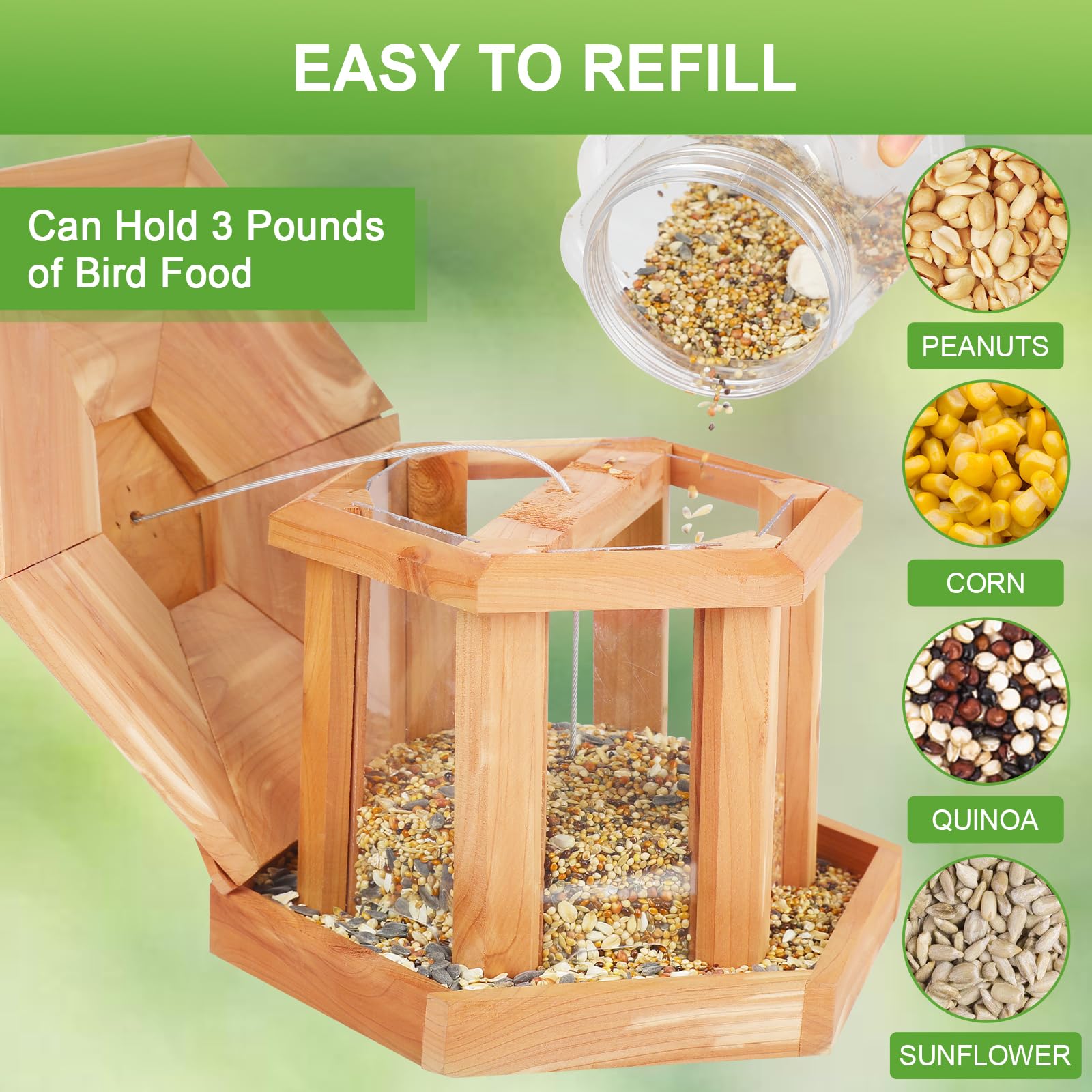 Liawm open roof refill image demonstrating easy top access for quick seed loading