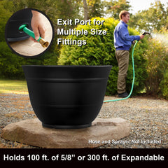 Liberty Garden hose pot in use on patio with connected hose for tidy, ready-to-use watering