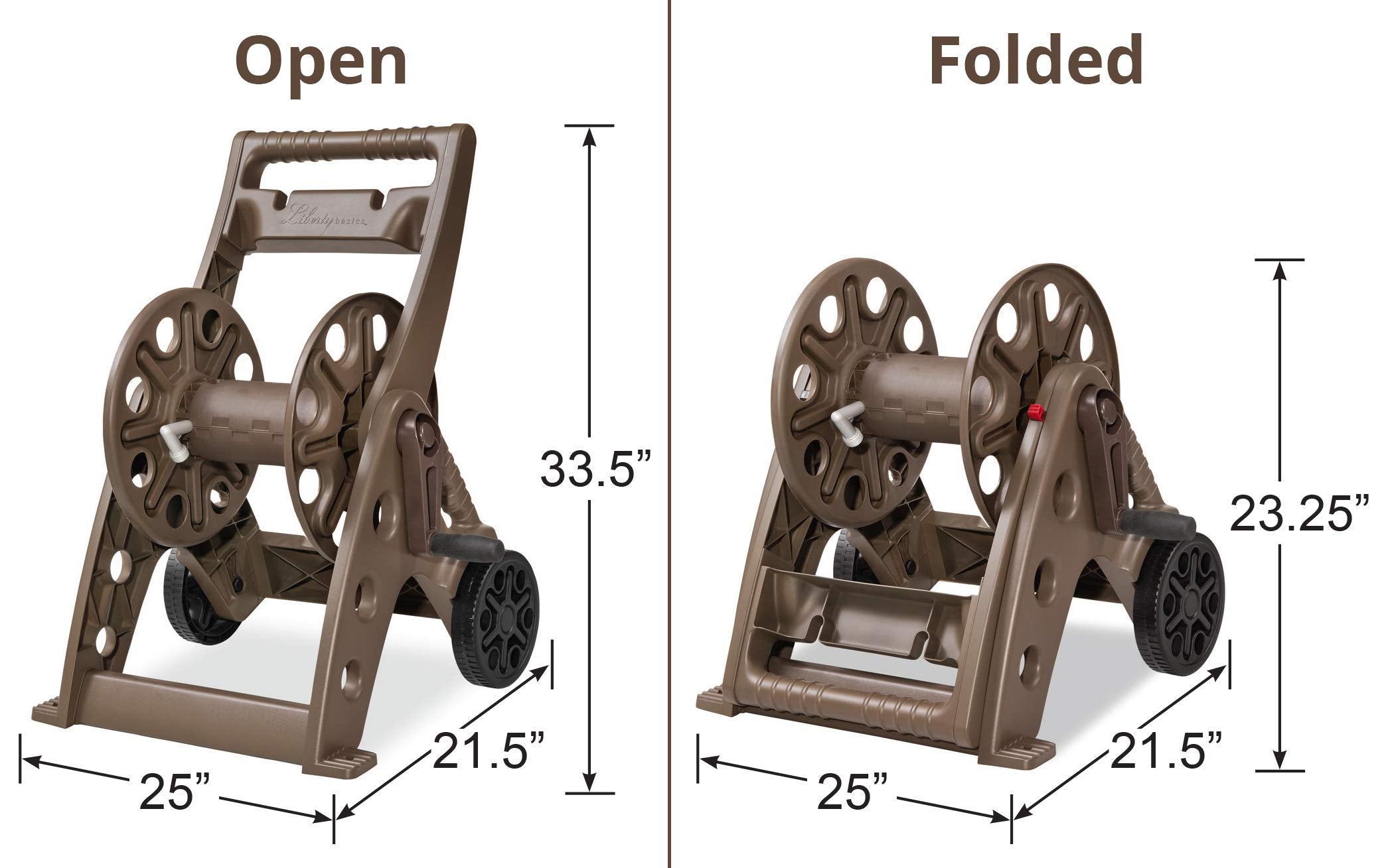 Liberty Garden cart folded with handle down showing compact storage benefit